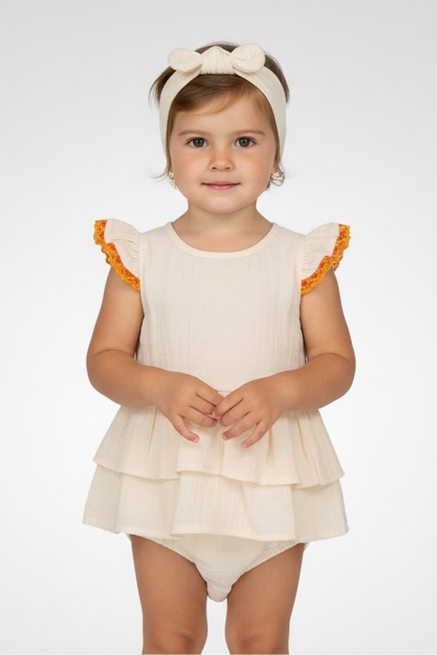 Toddlers Girl 2 Pieces Textured Bodysuits And Headband, Beige