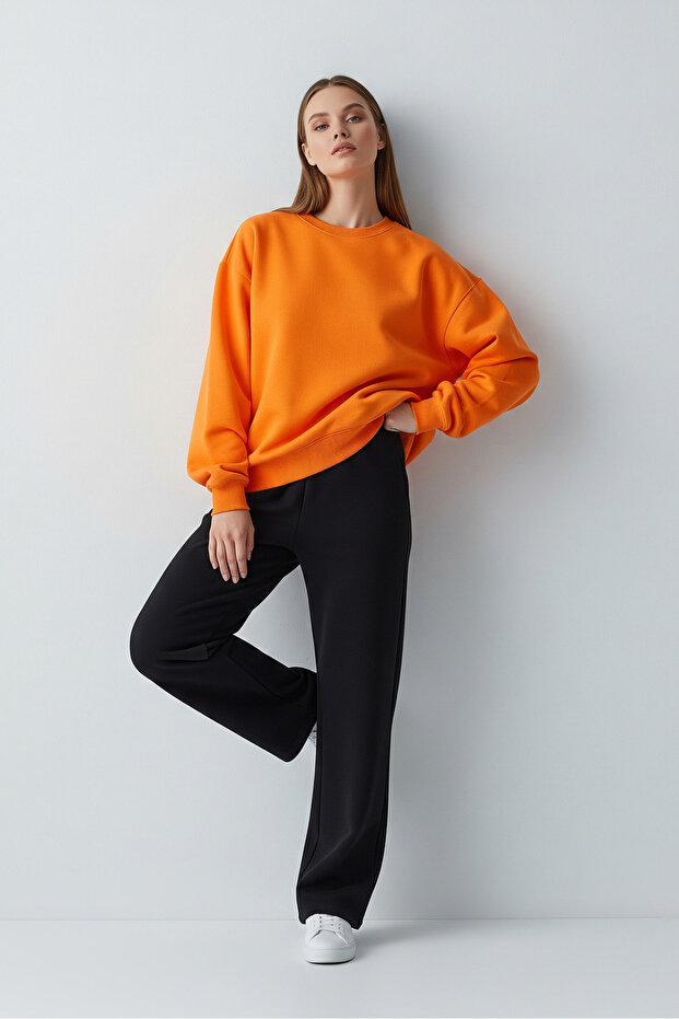 Kadın Oversize Bisiklet Yaka Basic Sweatshirt TURUNCU - 1
