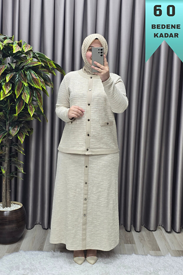 Women's Clothing Plus Size Ribbed Sleeves Jacket Skirt Tweed Two-Piece Set