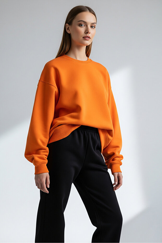 Kadın Oversize Bisiklet Yaka Basic Sweatshirt TURUNCU - 4