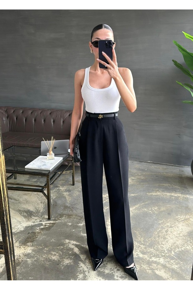 Women's High Waist Fabric Palazzo Black Trousers -Belt Not Included