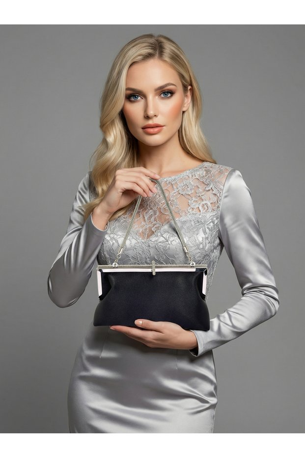 Black Color Satin Soft Leather Metal Stone Pearl Detailed Chain Strap Crystal Stone Women's Evening Dress Bag
