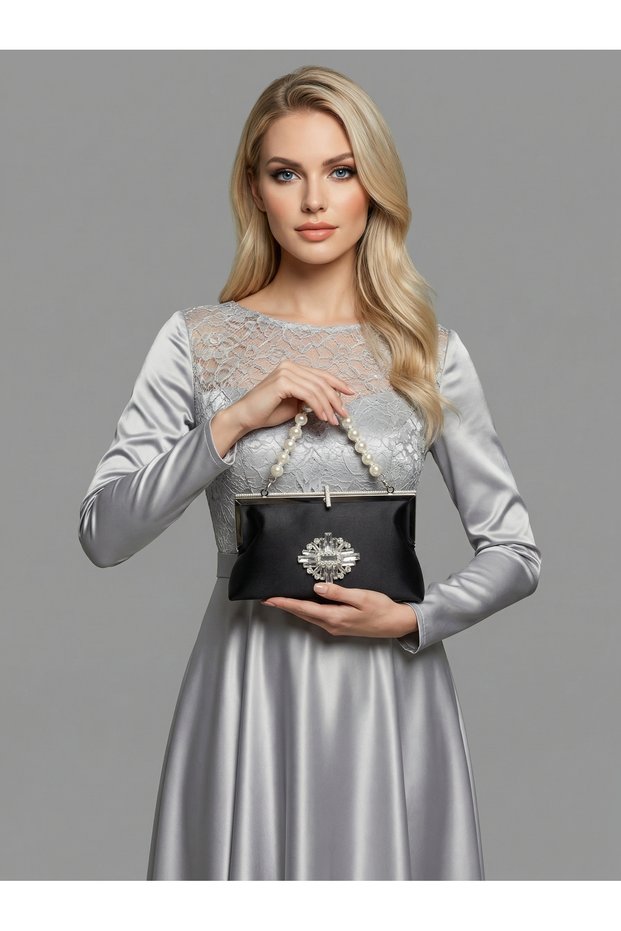 Black Color Satin Soft Leather Metal Stone Pearl Detailed Chain Strap Crystal Stone Women's Evening Dress Bag