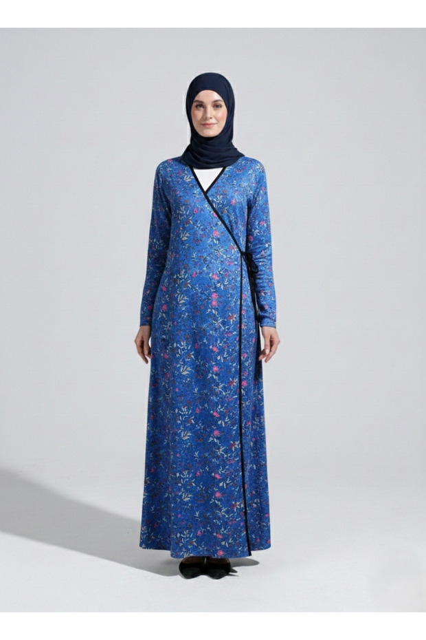Women'S, Blue Patterned , Bag Gifted, Practical Side-Tie , Double-Breasted Hijab Prayer Dress _2311