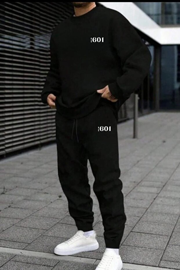Men's Black Crew Neck Sweat Black Sweatpants No601 Printed Set
