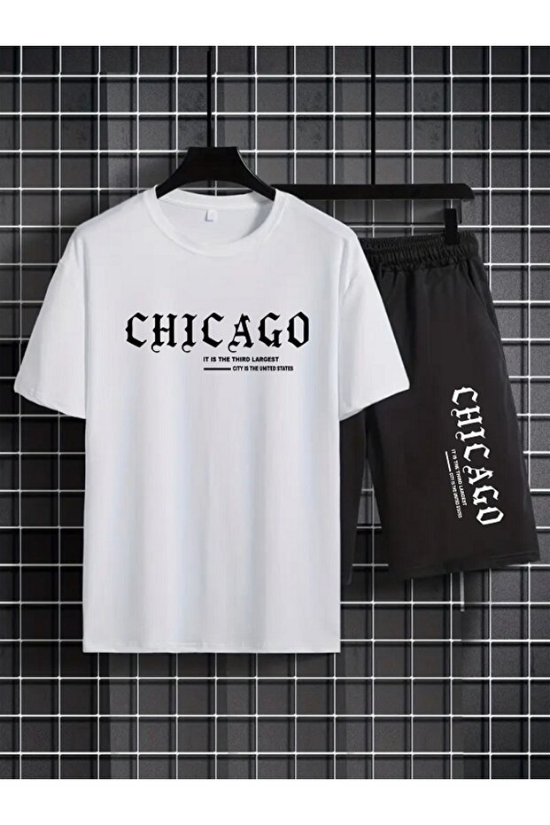 Unisex Chicago Printed Men's Shorts Set – Oversize Comfortable Cut Summer 2-Piece Combination