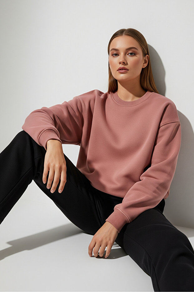 Women's Oversize Crew Neck Basic Sweatshirt Dried Rose