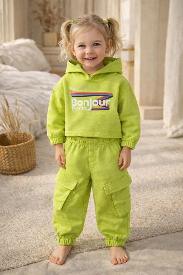 Çikoby girl's pistachio green hooded two-thread soft set with cargo pockets