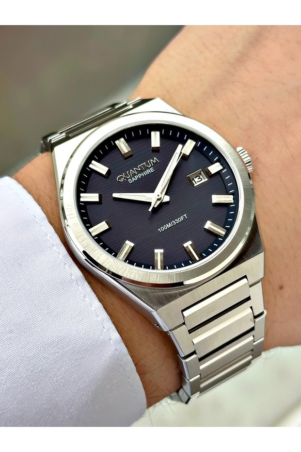 Silver-Navy Blue Color Sapphire Glass Steel Band Steel Case Men's Wristwatch with Calendar 1260Mr