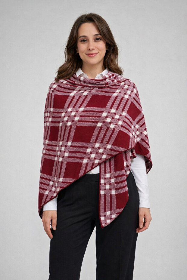 Checkered Patterned Double-Sided Knitwear Triangle Shawl - 1