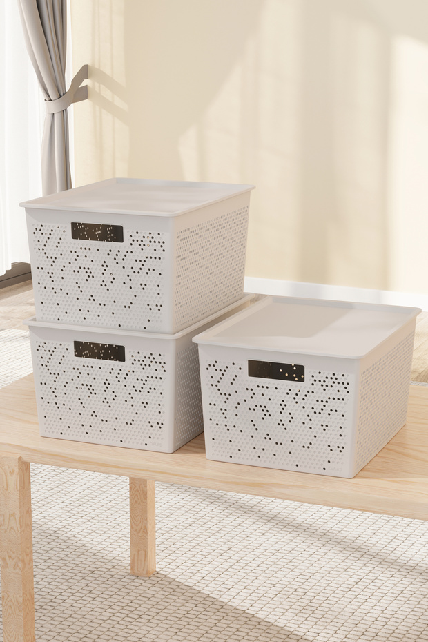 صندوق تخزين متعدد الأغراض، منظم متعدد الاستخدامات، 3 قطع مع أغطية، حجم كبير، قابل للتكديس - 1