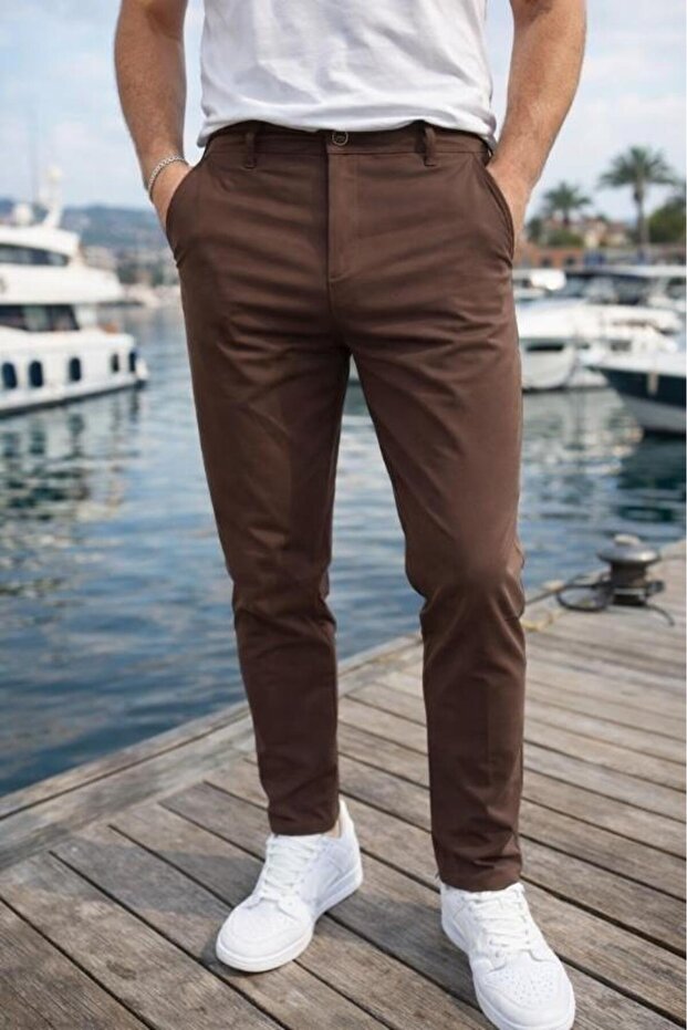 Parachute Fabric Regular Fit Buttoned Zippered Straight Leg Casual Men's Trousers - Brown