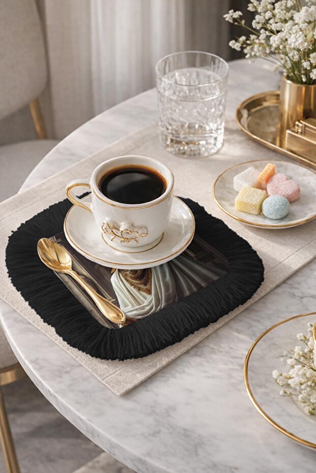 Royal Splendor Fringed Presentation Napkin-Sanat Saray Bohemian Black Gold Color Coaster Tissue