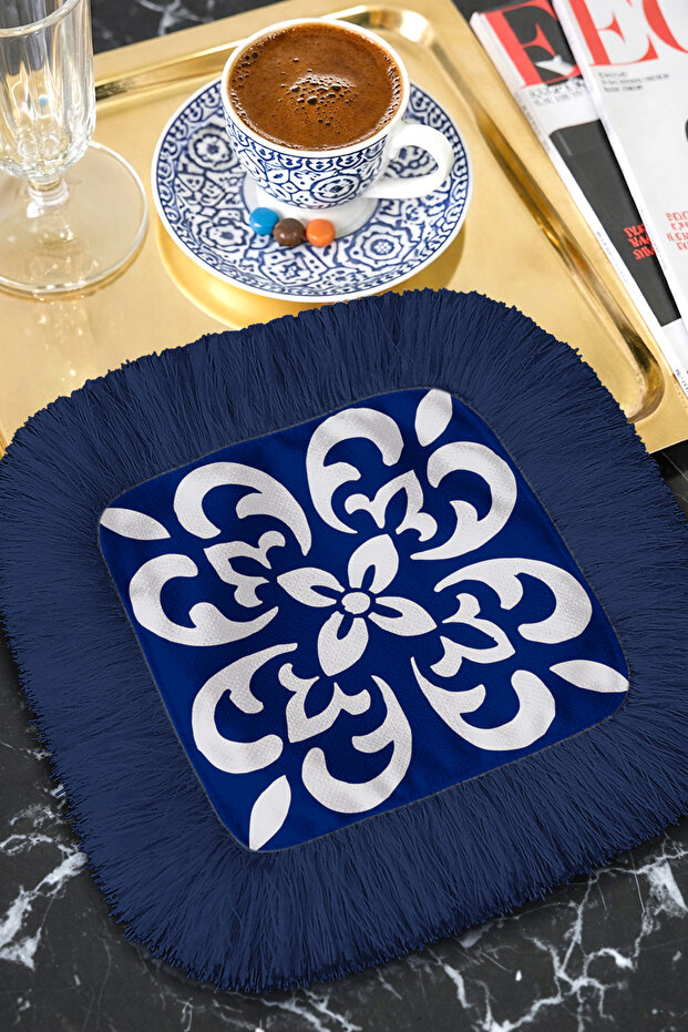 Elegant Tile Motif Fringed Presentation Napkin - Mediterranean Breeze Classic Navy Blue Coaster Tissue