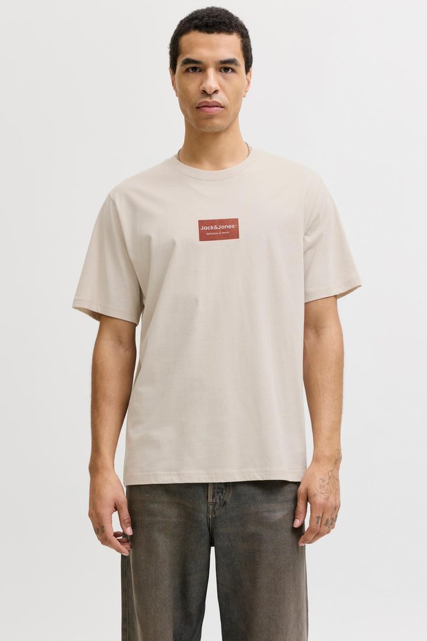 Men's Chest Logo Printed Moonbeam Beige T-Shirt - Frank