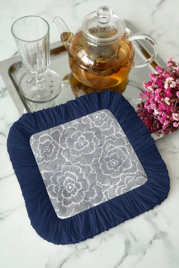 Elegant Floral Motif Fringed Presentation Napkin - Classic Elegant Vintage Navy Blue Coaster Tissue