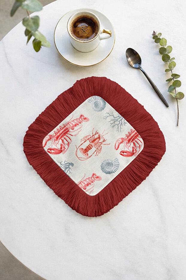 Luxury Seashell Red Fringed Presentation Napkin - Marine Coastal Blue Coral Coaster Tissue