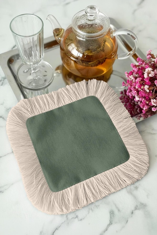 Elegant Natural Fringed Decorative Fabric Napkin - Soft Green Bohemian Cream Coaster Tissue