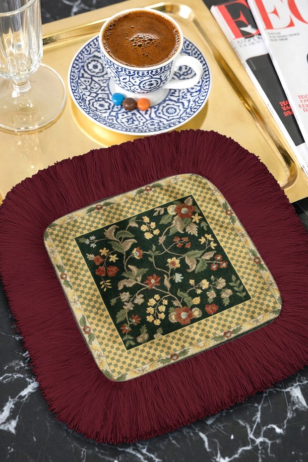 Luxury Vintage Floral Fringed Presentation Napkin - Classic Bohemian Black Gold Burgundy Coaster Tissue