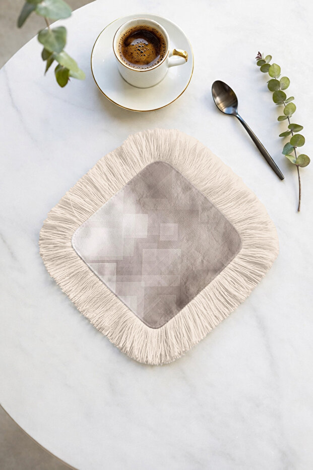 Elegant Opaque Geometric Fringed Bohemian Presentation Napkin - Soft Modern Beige Gray Coaster Tissue