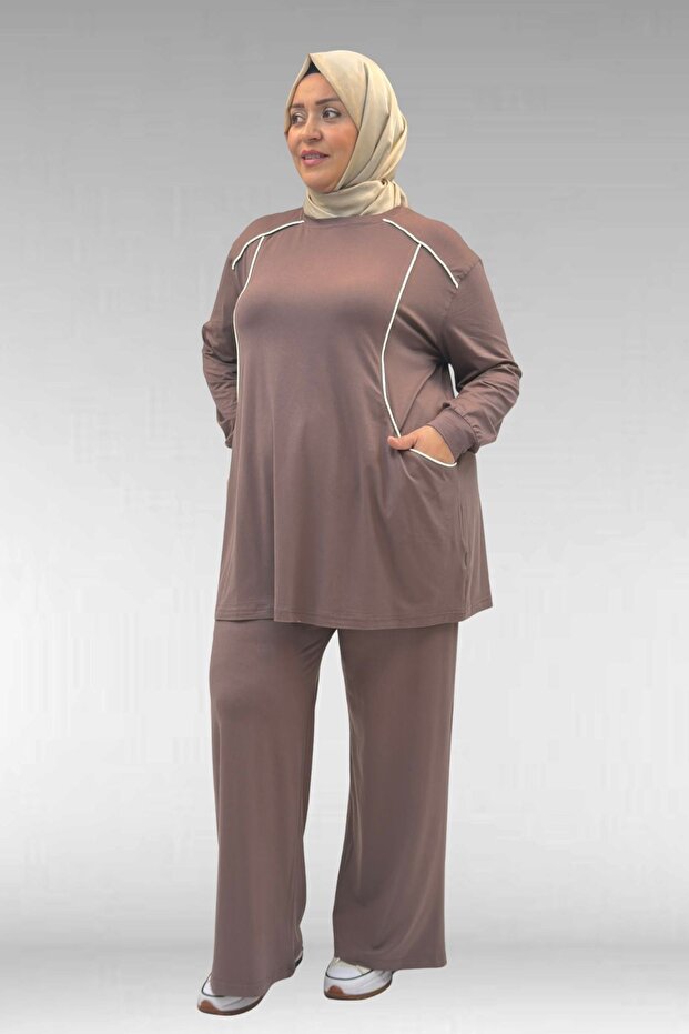 67012 Plus Size Suit with Piping Detail and Combed Cotton Trousers - Mink