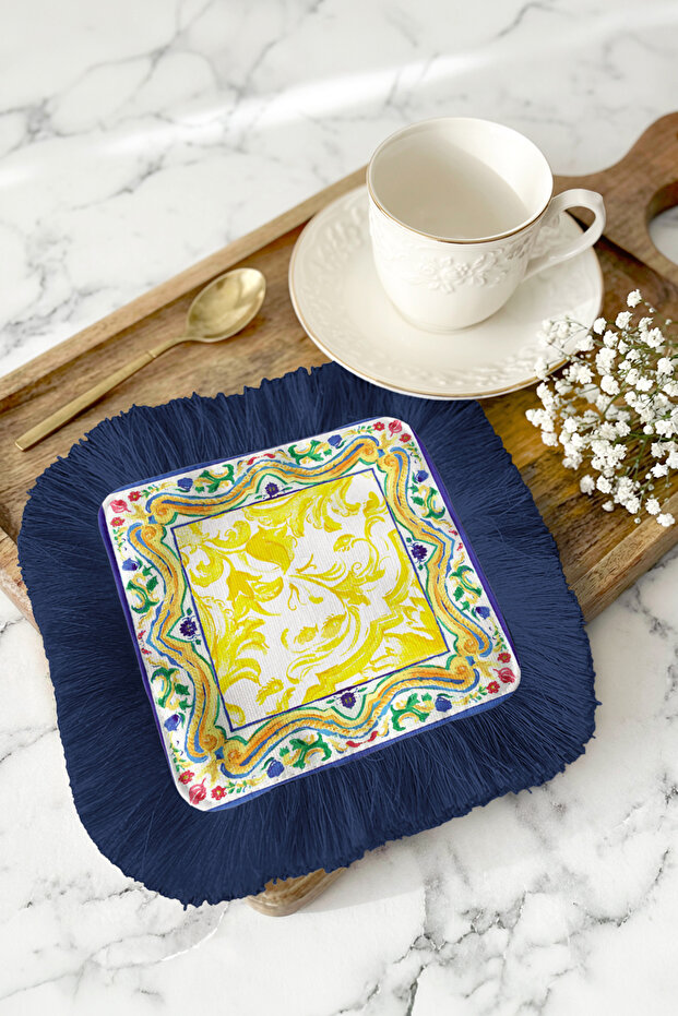 Baroque Motif Fringed Decorative Napkin - Mediterranean Style Yellow Navy Blue Bohemian Coaster Napkin