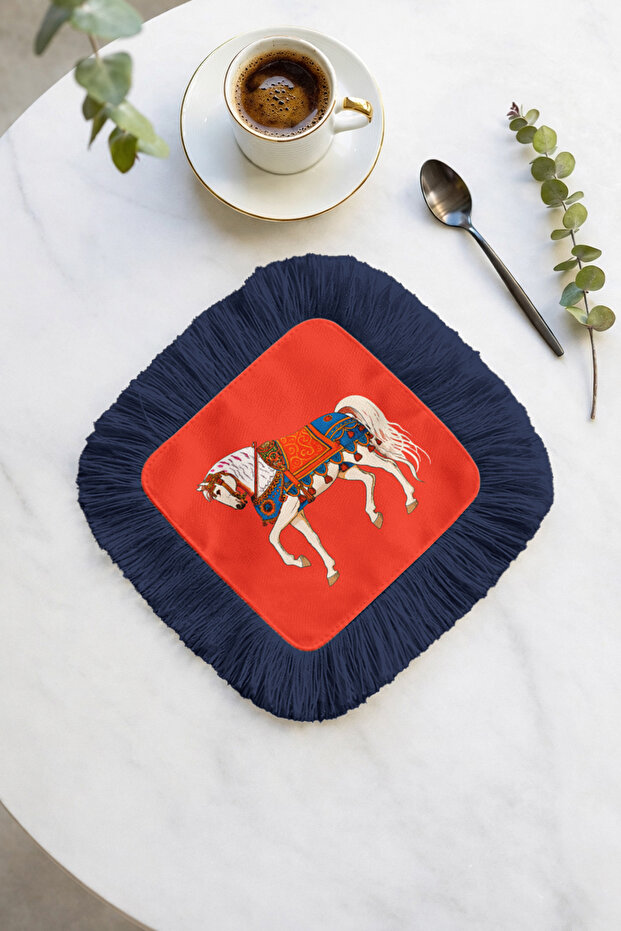 Royal Horse Patterned Fringed Presentation Decoration Handkerchief - Elegant Bohemian Red Navy Blue Coffee Side Napkin