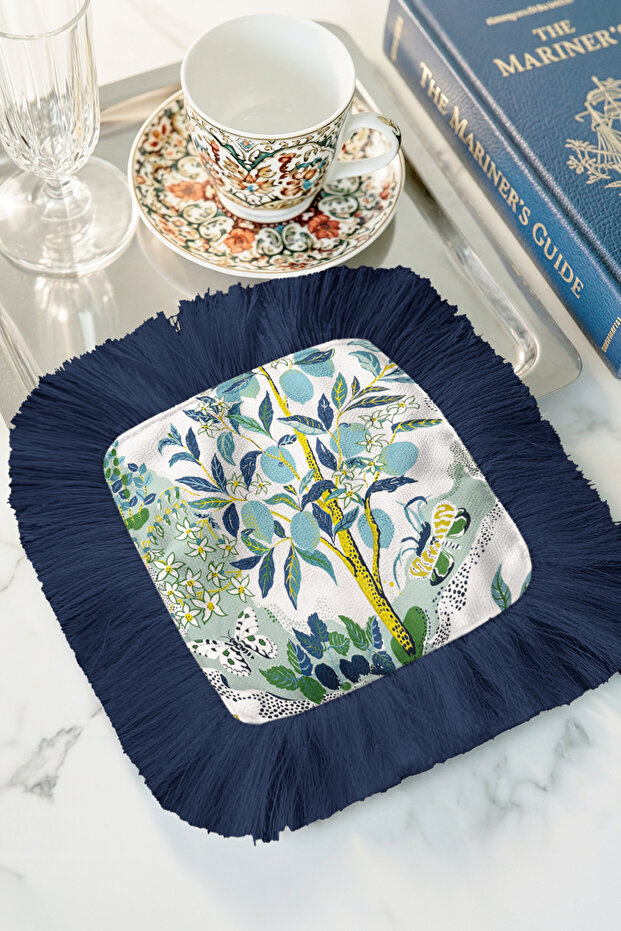 Lemon Tree Garden Fringed Presentation Placemat Napkin - Natural Vibrant Bohemian Navy Blue Presentation Napkin