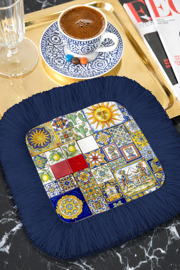 Mediterranean Ceramic Mosaic Fringed Presentation Placemat Tissue - Colorful Bohemian Blue Yellow Presentation Napkin
