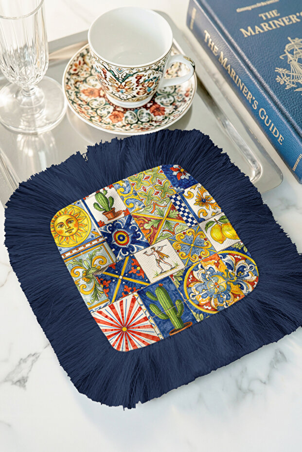 Mediterranean Colorful Mosaic Fringed Presentation Napkin - Vibrant Rustic Blue Yellow Coaster Tissue