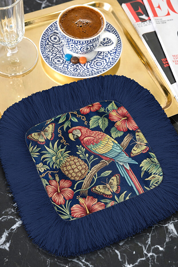 Tropical Parrot Floral Fringed Presentation Napkin - Exotic Nature Bohemian Navy Blue Coaster Tissue