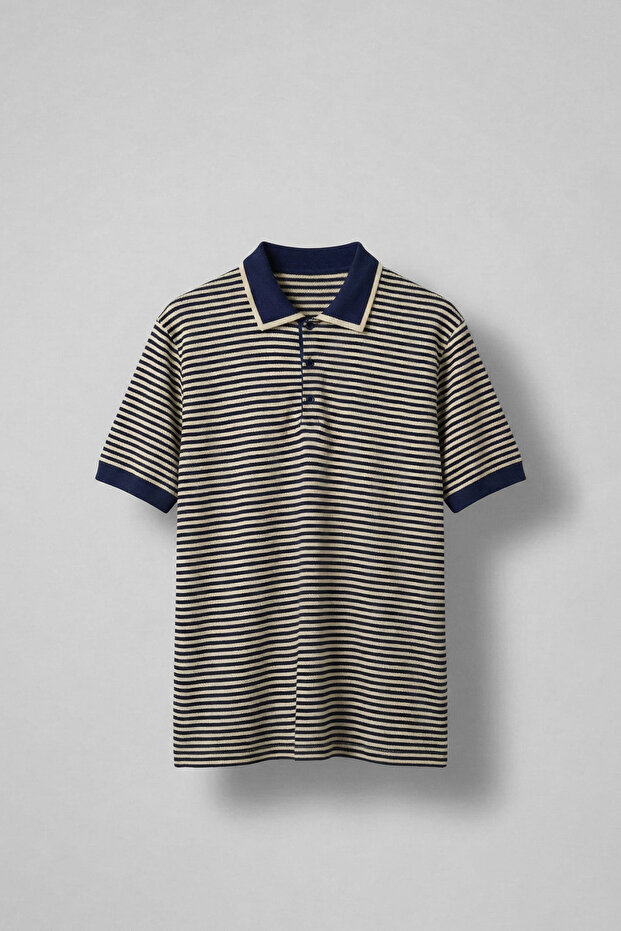 Men's Regular Fit Striped Polo Collar Knitted T-Shirt Navy Blue