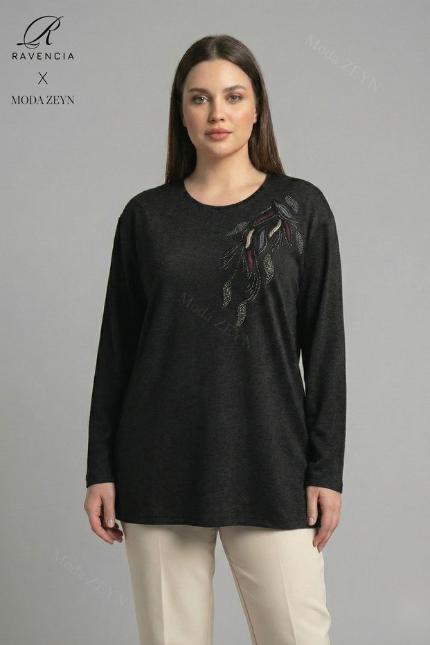 Women's Black Plus Size Colorful Leaf Patterned Stoned Slit Lycra Wool Viscose Mother Combed Cotton Blouse