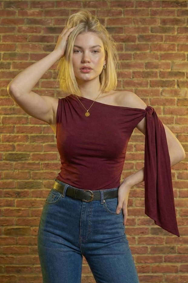 Women's Asymmetrical Collar Shoulder Tie Detailed Stretchy Blouse Body
