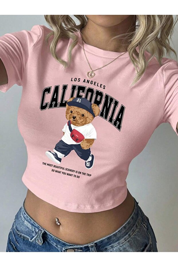 Women's California Bear Printed Crew Neck Slim Crop Tshirt