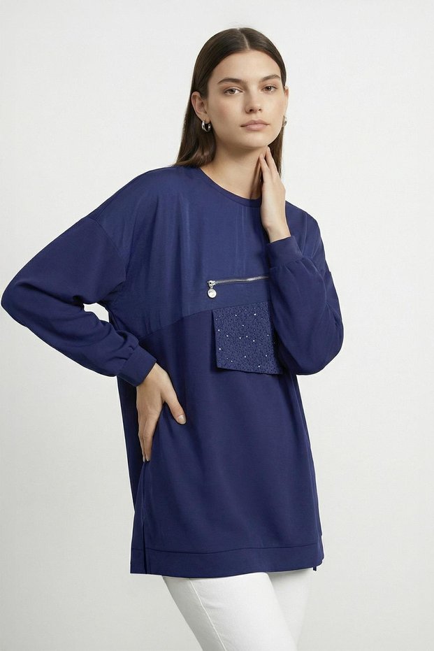 Women's Crew Neck Long Tunic with Zipper and Stone Detail on the Front Navy Blue 10768