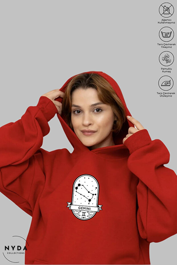 Unisex Hoodie Gemini Gemini Printed Hooded Oversized 100% Cotton Combed Cotton Sweatshirt