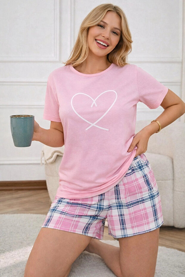 Women's Heart-Printed Plaid Shorts Pajama Set, Pink