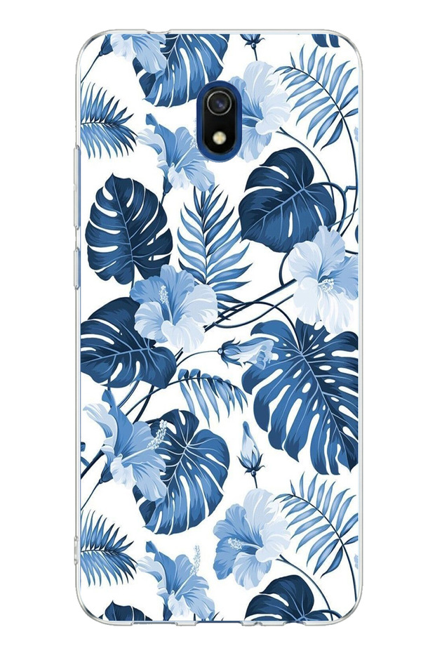 حافظة سيليكون مطبوعة بنمط أوراق وزهور زرقاء متوافقة مع هاتف Redmi 8A - 1