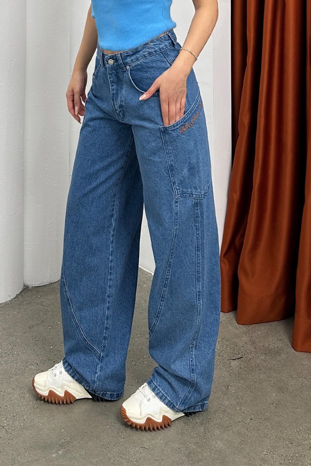 Y2K Street Wide Leg Denim Trousers with Pocket Stitching Detail