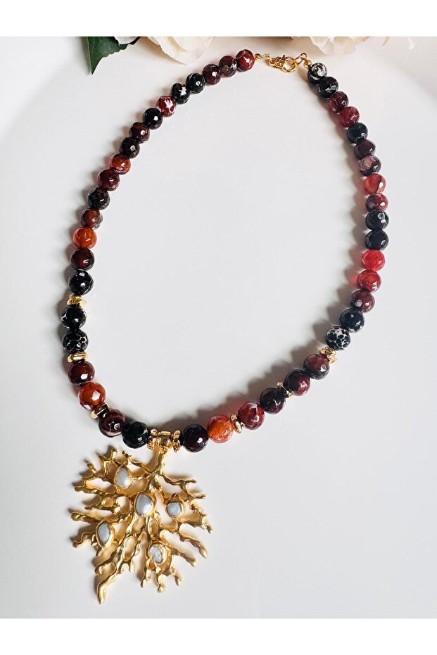 Agate Natural Stone Pearl Leaf Design Necklace 50 cm
