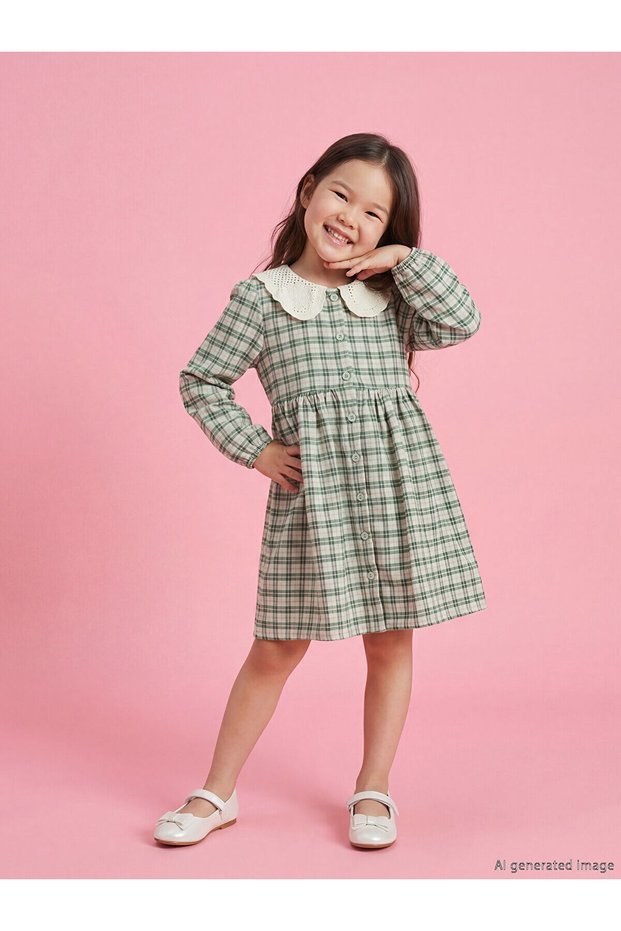 Lcw Kids Green Peter Pan collar Plaid Pattern Flannel Girls' Dress