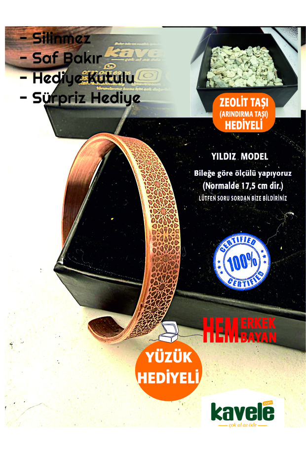 Pure Copper Bracelet with Star Motif on the Outside - in Gift Box
