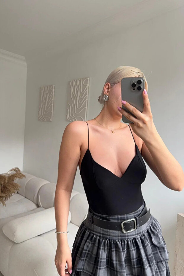 İp Askılı V Yaka Basic Bodysuit - 2