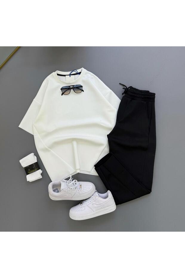 Scuba/Diver Fabric Asymmetrical Cut Tshirt-Sweatpants 2-Piece Set
