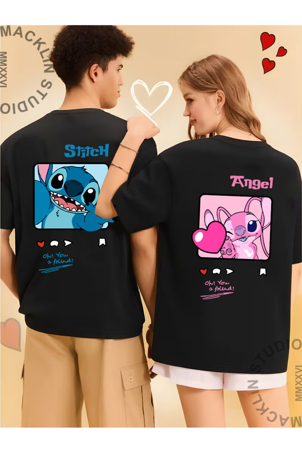Unisex Stitch and Angel Back Printed Lover Couple Combination Design Oversize T-Shirt Set of 2