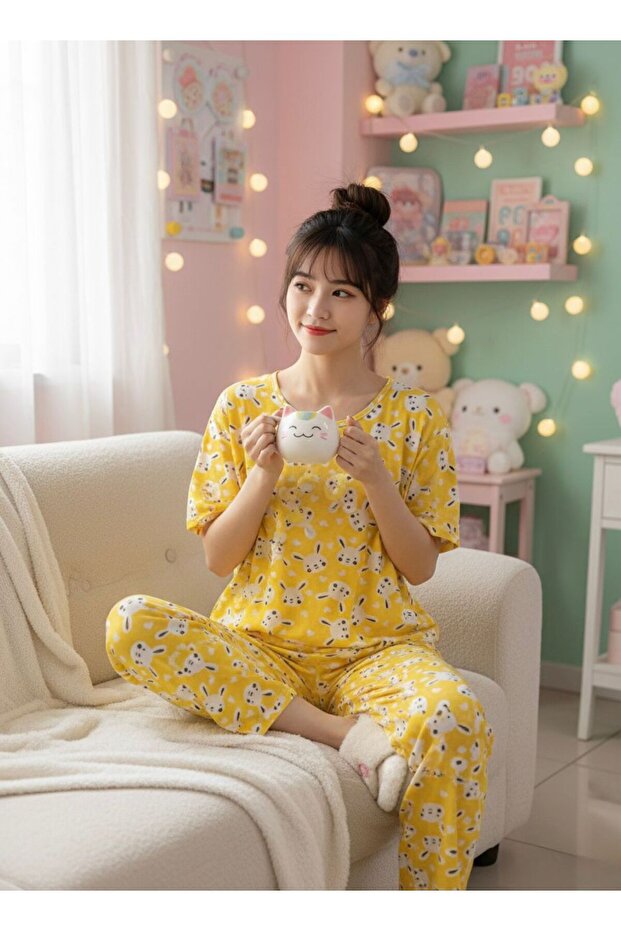 Women's Yellow Rabbit Patterned Pajama Set, Short Sleeves, Long Bottoms, Comfortable Loungewear