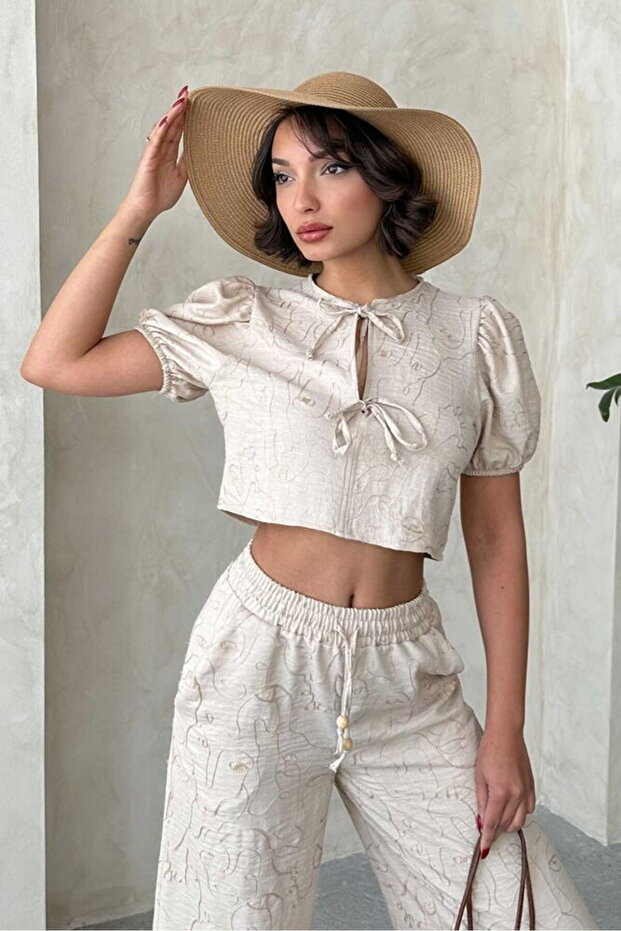 Embroidered Front Tie Blouse - Stone | D2790