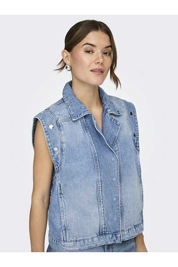 Women's Blue Onlfınley Sl Big Stud Dnm Waistcoat Dot Vest 15364325-Lightmedi