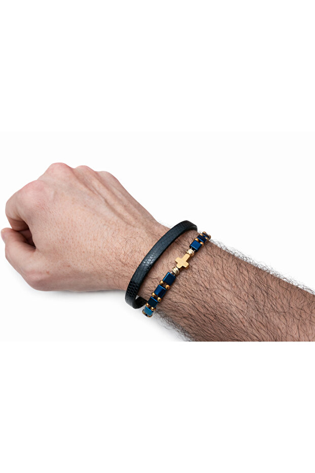 Double python Leather bracelet with blue hematite and cruciformite - 5